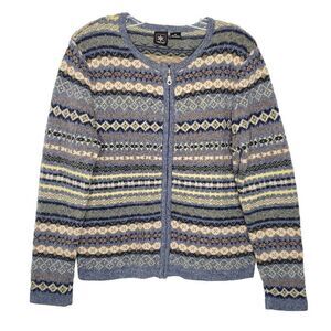 Skyr Wool Cardigan Sweater M Blue Green Fair Isle Geometric Stripe Full Zip